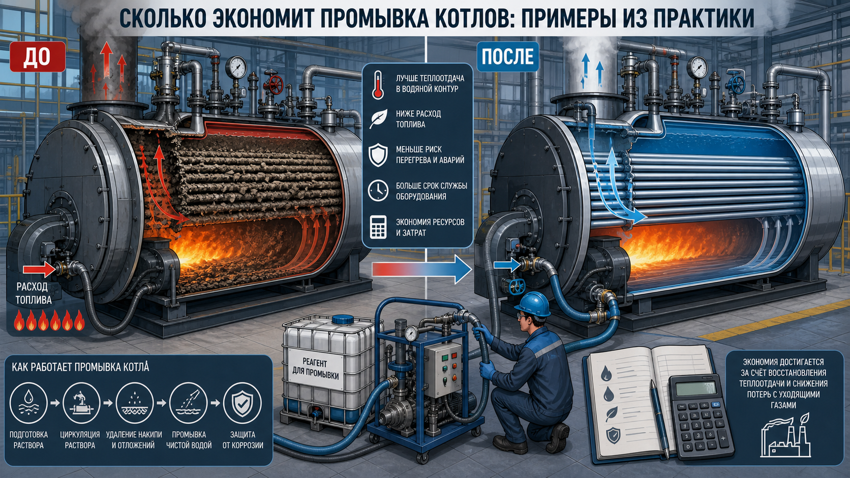 Сравнение работы загрязнённого и промытого котла